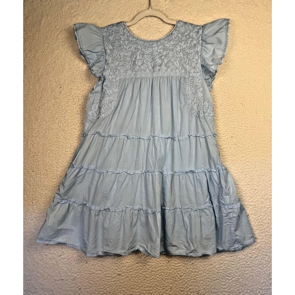 J. Marie Dress Womens Medium Blue Embroidered Babydoll Tiered Ruffle Cottagecore